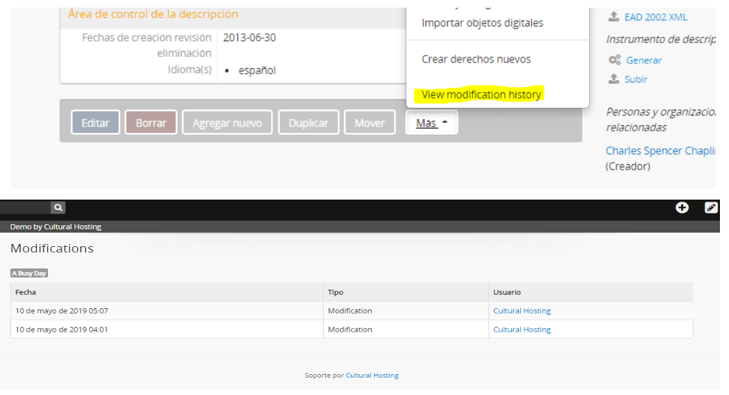 Registro de modificaciones de descripciones en AtoM 2.5 (Access to Memory)