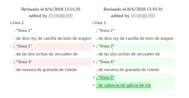 Área de historial de cambios de la transcripción